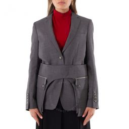 Charcoal Grey Wool Silk Mohair Linen Blazer With Cargo Belt Detail, Brand Size 2 (US Size 0)