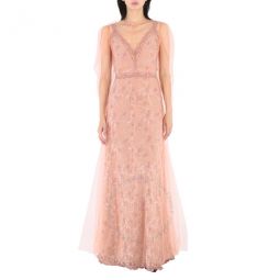 Floral-embroidered Puff-sleeve Dress In Dusty Pink, Brand Size 2 (US Size 0)