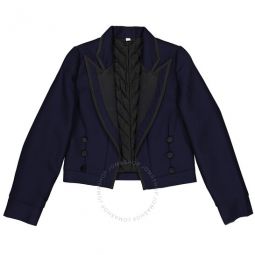 Girls Navy Satin Trim Wool Twill Tailored Jacket, Size 6Y