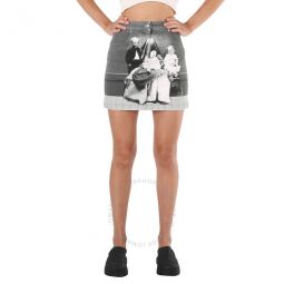 Grey Stretch Denim Victorian Portrait Print Mini Skirt, Brand Size 4 (US Size 2)