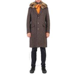 Herringbone Wool Tailored Single-breasted Coat With Detachable Hood, Brand Size 44 (US Size 34)