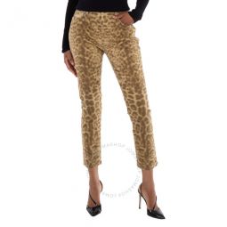 Ladies Beige Straight Fit Leopard Print Japanese Denim Jeans, Waist Size 29