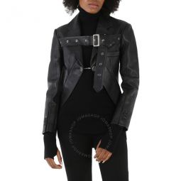 Ladies Black Biker Belt Detail Leather Morning Jacket, Brand Size 6 (US Size 4)