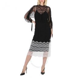 Ladies Black Geometric Lace Dress With Gathered-sleeves, Brand Size 12 (US Size 10)