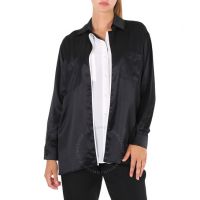 Ladies Black Logo Applique Silk Satin Long Sleeve Shirt, Brand Size 12 (US Size 10)