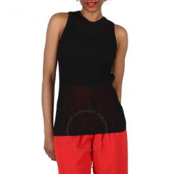 Ladies Black Rib Knit Crew-Neck Sleeveless Top, Size Small