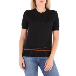 Ladies Black Short Sleeve Logo Intarsia Wool Silk Cashmere Top, Size XX-Small