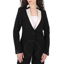 Ladies Black Silk Panel Wool Tailored Jacket, Brand Size 10 (US Size 8)
