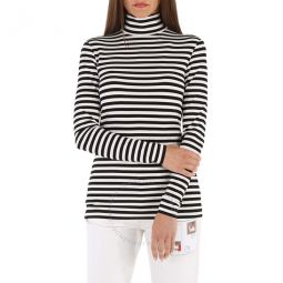 Ladies Black Striped Stretch Jersey Turtleneck Top, Size XX-Small