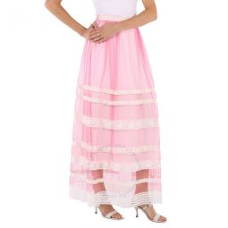 Ladies Bright Pink Floral Lace-trim Tulle Maxi Skirt, Brand Size 6 (US SIze 4)