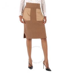 Ladies Camel Safiya Mixed-Media Midi Pencil Skirt, Size X-Small