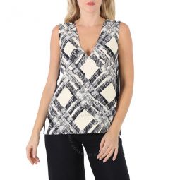 Ladies Check Print Wool Silk V-back Top, Brand Size 8 (US Size 6)