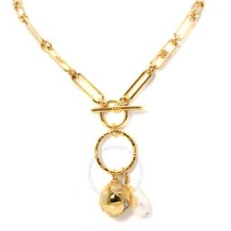 Ladies Crystal/ White Resin Pearl Gold-plated Chain-link Necklace