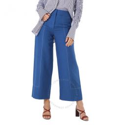 Ladies Dark Cerulean Blue Wide-Leg Topstitched Mohair Linen Silk Trousers, Brand Size 4 (US Size 2)