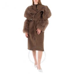 Ladies Dark Mahogany Shearling Trim Wool Cashmere Double-Breasted Trench Coat, Brand Size 6 (US Size 4)