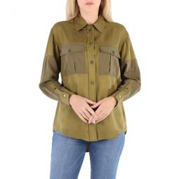Ladies Dark Seaweed Green Ferne Panelled Oversized Shirt, Brand Size 10 (US Size 8)