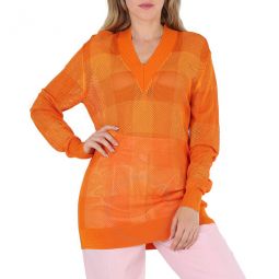 Ladies Deep Orange Zoie Check Mesh Lace V-Neck Jumper, Size Large
