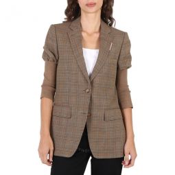 Ladies Fawn Knitted Sleeve Houndstooth Check Wool Tailored Jacket, Brand Size 6 (US Size 2)