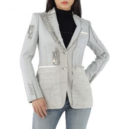 Ladies Grey Melange Technical Linen Blazer with Crystal Embroidery, Brand Size 6 (US Size 4)
