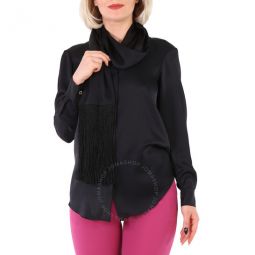 Ladies Michela Black Fringed Scarf Detail Silk Satin Shirt, Brand Size 2 (US Size 0)
