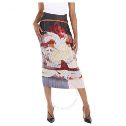 Ladies Multicolor Meditation Print Satin Plisse Midi Skirt, Brand Size 14 (US Size 12 )