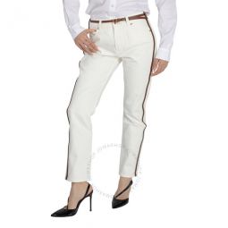 Ladies Off White Straight Fit Leather Harness Detail Jeans, Waist Size 30