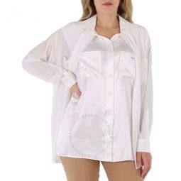Ladies Optic White Logo Applique Silk Satin Oversized Shirt, Brand Size 6 (US Size 4)