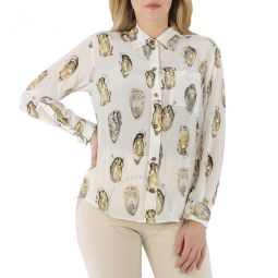 Ladies Oyster- Print Pearl- Embellished Shirt, Brand Size 4 (US Size 2)