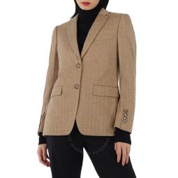 Ladies Pecan Melange Faux Crystal Pinstripes Wool Jersey Jacket, Brand Size 6 (US Size 4)