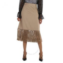 Ladies Pecan Melange High-waist Fring-hem Wool And Cashmere Skirt, Brand Size 8 (US Size 6)
