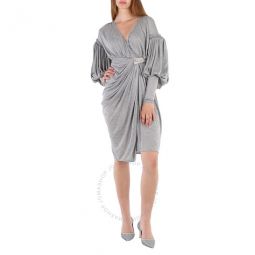 Ladies Pewter Melange Draped-front Balloon-sleeve Jersey Dress, Brand Size 6 (US Size 4)