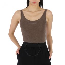 Ladies Rib Knit Technical Cashmere Logo Detail Bodysuit In Pecan Melange, Size XX-Small