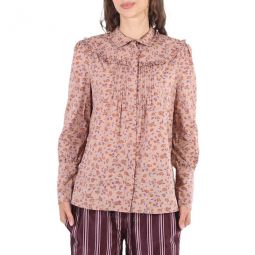 Ladies Ruffle Yoke Floral Print Cotton Shirt- Light Copper, Brand Size 6 (US Size 4)