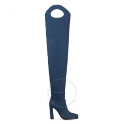 Ladies Shoreditch Denim Blue Porthole Detail Over-The-Knee Boots, Brand Size 36 ( US Size 6 )
