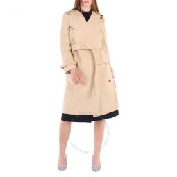Ladies Soft Fawn Wool Cashmere V-Neck Double-Breasted Trench Coat, Brand Size 8 (US Size 6)