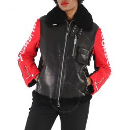 Leather And Shearling Contrast Sleeve Aviator Jacket, Brand Size 6 (US Size 4)