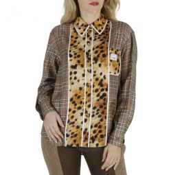 Leopard Fawn Check Print Silk Logo Oversized Blouse, Brand Size 6 (US Size 4)