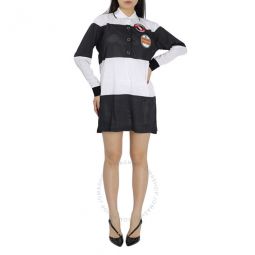 Logo Graphic Striped Mesh Polo Shirt Dress, Size Medium