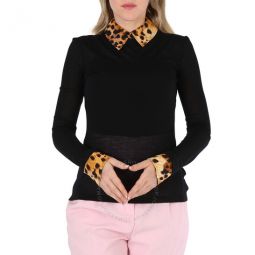 Long-Sleeve Spotted Monkey Print Trim Cashmere Top, Size X-Small