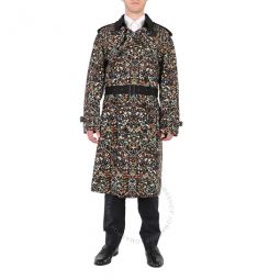 Mens Black Floral Print Wool Trench Coat, Brand Size 44 (US Size 34)
