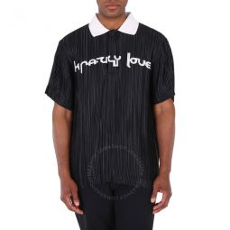 Mens Black Krazy Love Print Pleated Polo Shirt, Size XX-Small