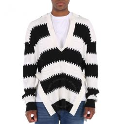 Mens Black Side-slit Striped Rib Knit Wool Sweater, Size X-Small