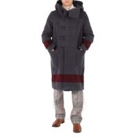 Mens Dark Charcoal Brown Striped Touch-Strap Duffle Coat, Brand Size 56 (US Size 46)