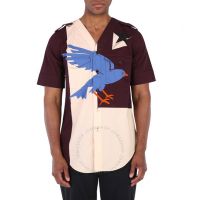 Mens Deep Maroon Bird Geo Print Short Sleeve Cotton Shirt, Size X-Small