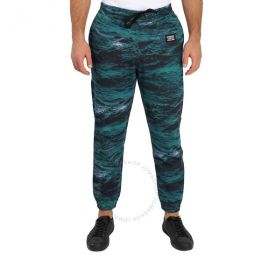 Mens Deep Teal Tape Detail Sea Print Cotton Trackpants, Size X-Small