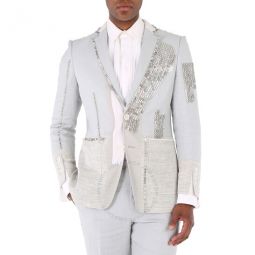 Mens Grey Melange Techincal Linen Blazer with Crystal Embroidery, Brand Size 48 (US Size 38)