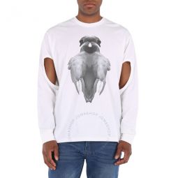 Mens Optic White Swan Print Cut-out T-shirt, Size XX-Small
