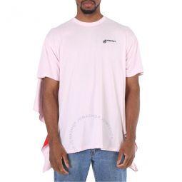 Mens Pale Pink Striped Cape Detail Cotton Oversized T-shirt, Size XX-Small