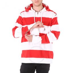 Mens Red Zip Detail Striped Cotton Hoodie, Size Small