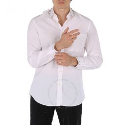 Mens White Clacton Classic Fit Embellished Cotton Poplin Dress Shirt, Brand Size 38 (Neck Size 15)